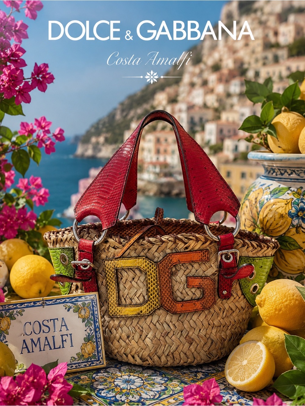 Dolce & Gabbana straw bag preloved exotic skin details.